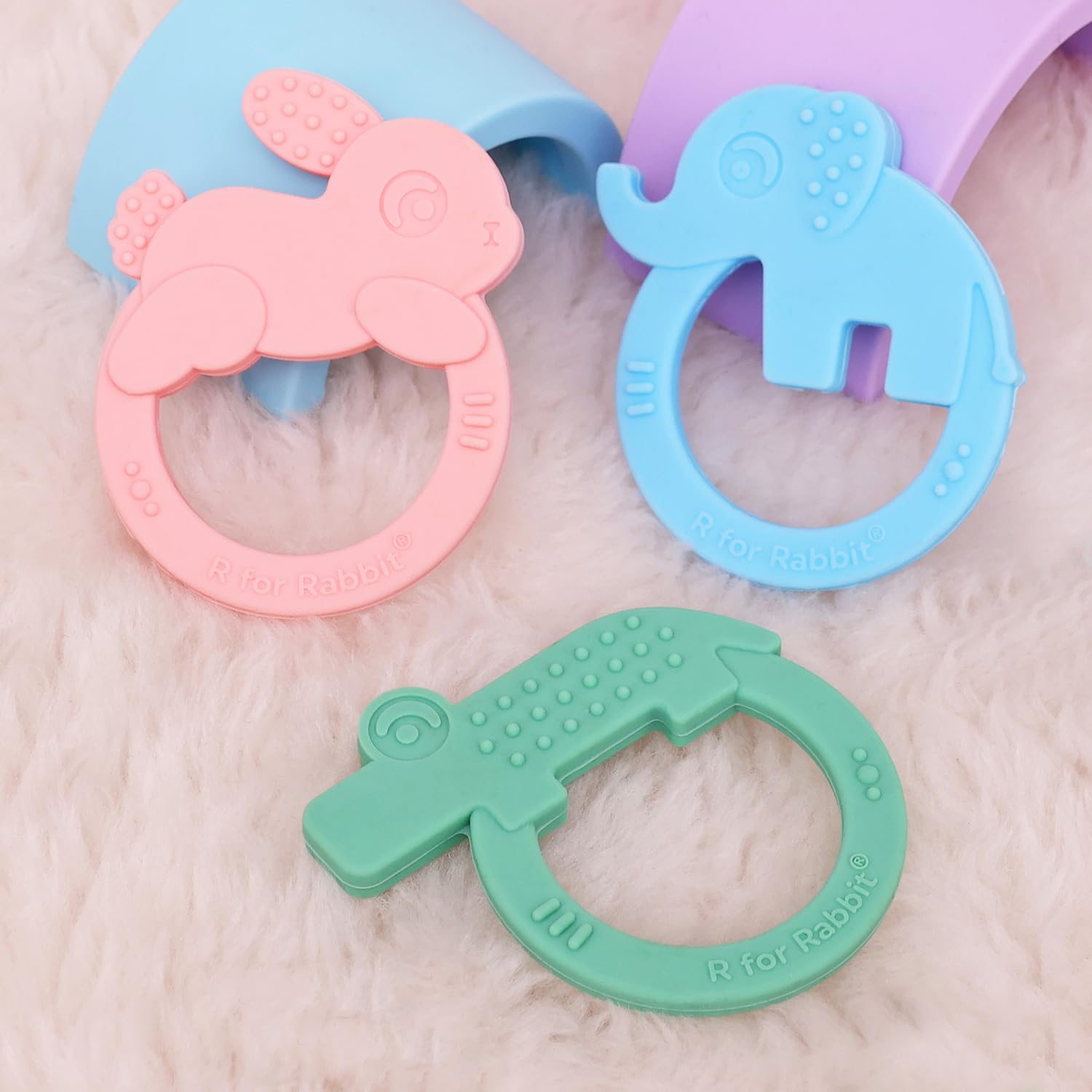R for Rabbit Tiny Bites Zoobie Teether for Baby of 4 Month+ Cute Crocodile, Elephant & Rabbit Shape Food Grade BPA-Free Soft Silicone Kids Teething Soothing Chewing Toy (Green-Pink-Blue-Pack of 3)