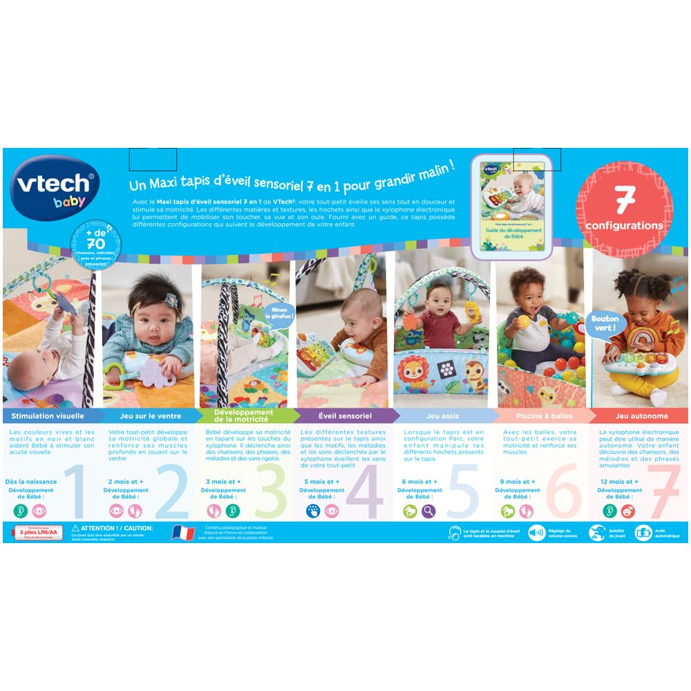VTech - Maxi Tapis d'Éveil Sensoriel 7 en 1, Tapis d'Éveil Évolutif, Piscine à Balles, Jouet d'Activité et de Développement, Xylophone Lumineux, Hochets, Cadeau de Naissance - Contenu en Français