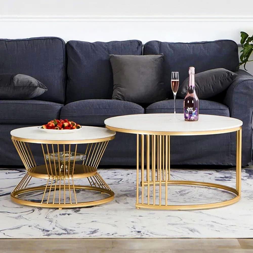 Furniture Café Luxury Nesting Coffee Table Set of 2 – Modern Round Marble Top Accent Tables with Golden Metal Base, Living Room Centerpiece-image-43