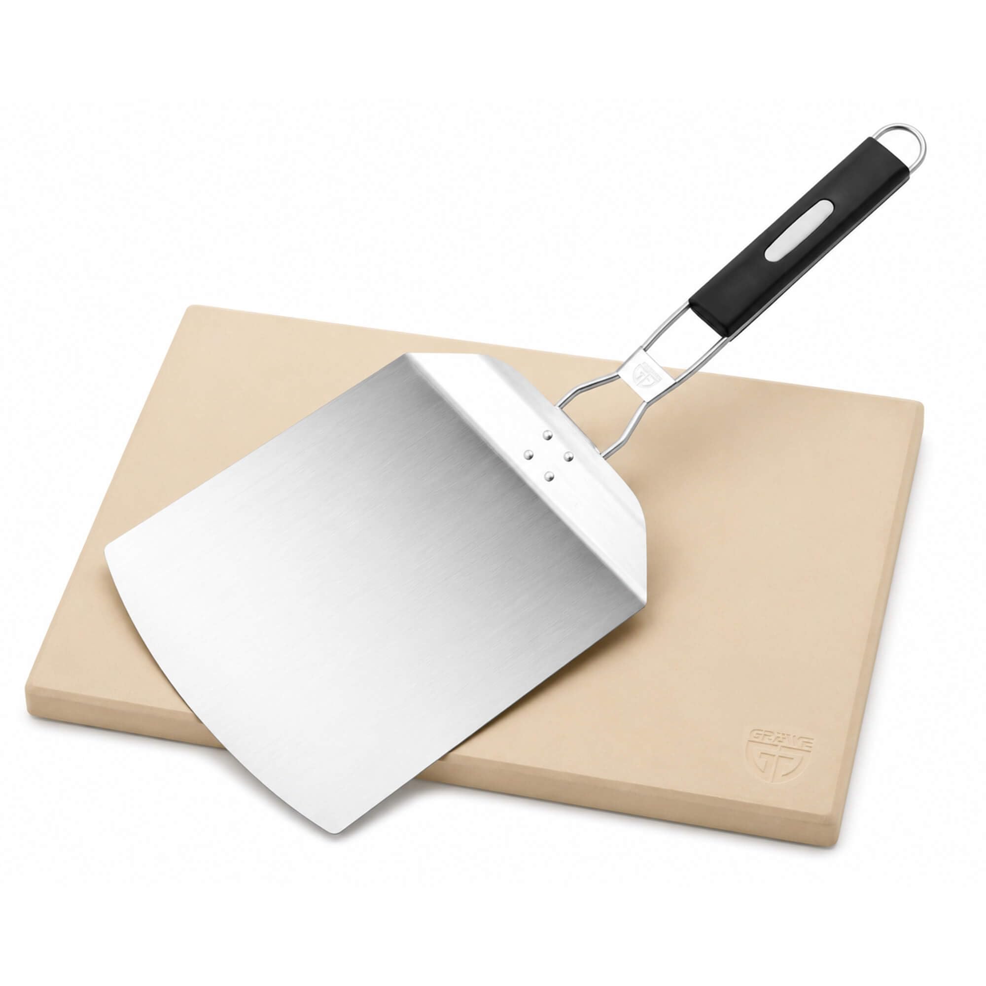 GRÄWE Pizza Set 2-teilig, Pizzastein, Pizzaschieber, Pizzazubehör, Pizzaofen, Backofen, Grill, Gasgrill, Cordierit, Backstein, Brotbackstein, Flammkuchenstein, Edelstahl, knuspriger Boden