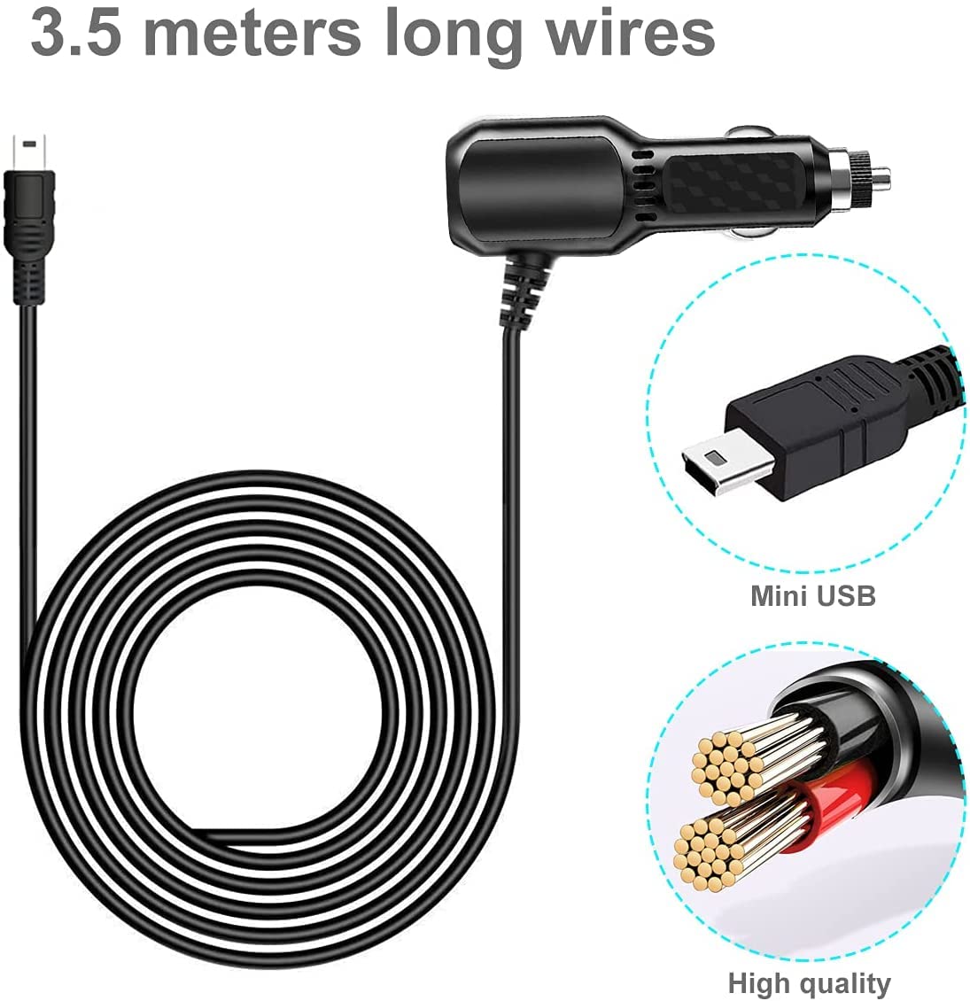 Kit Cablato Dash Cam, Adattatore MINI USB 12V-30V a 5V, Adatto per Mirror Cam, Navigatore GPS e Rilevatore,Monitor e data logger