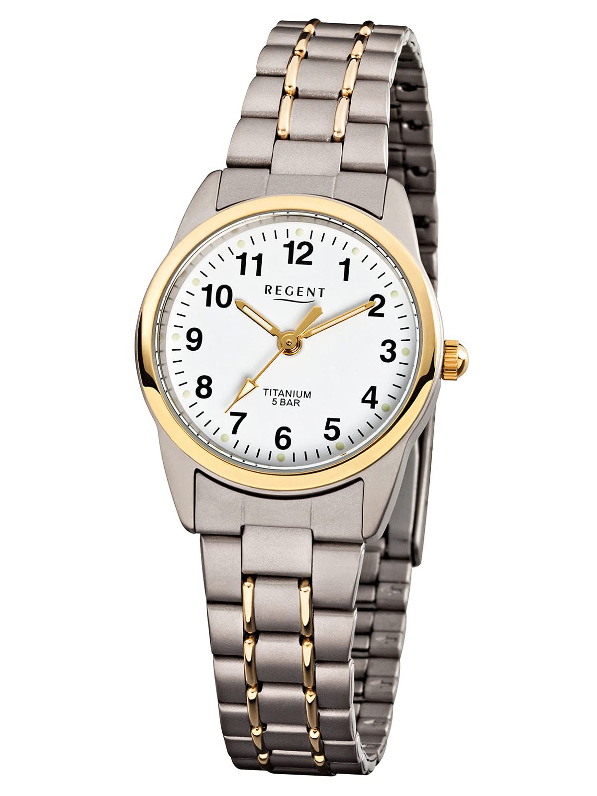 Regent Damen-Armbanduhr mit Titanarmband und Faltschließe, kleine arabische Ziffern, Quarz, Ø 26 mm