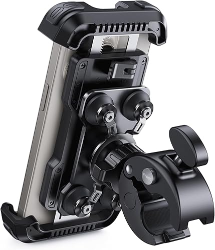 Lamicall Soporte de teléfono para motocicleta - Amortiguador de vibración dual Clip de manillar mejorado Soporte para teléfono celular de