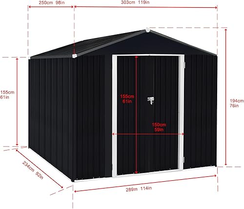 Miniatura 6 de Cobertizo de almacenamiento para exteriores de 10 x 8 pies, cobertizos de metal grandes con puerta con doble cerradura, casa de almacenamiento de
