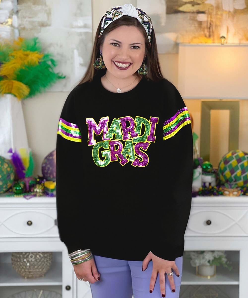DUTUT Mardi Gras Sweatshirt for Women: Mardi Gras Shirt Sequin Sparkly Crewneck Sweater Carnival Party Pullover Top - Image 5