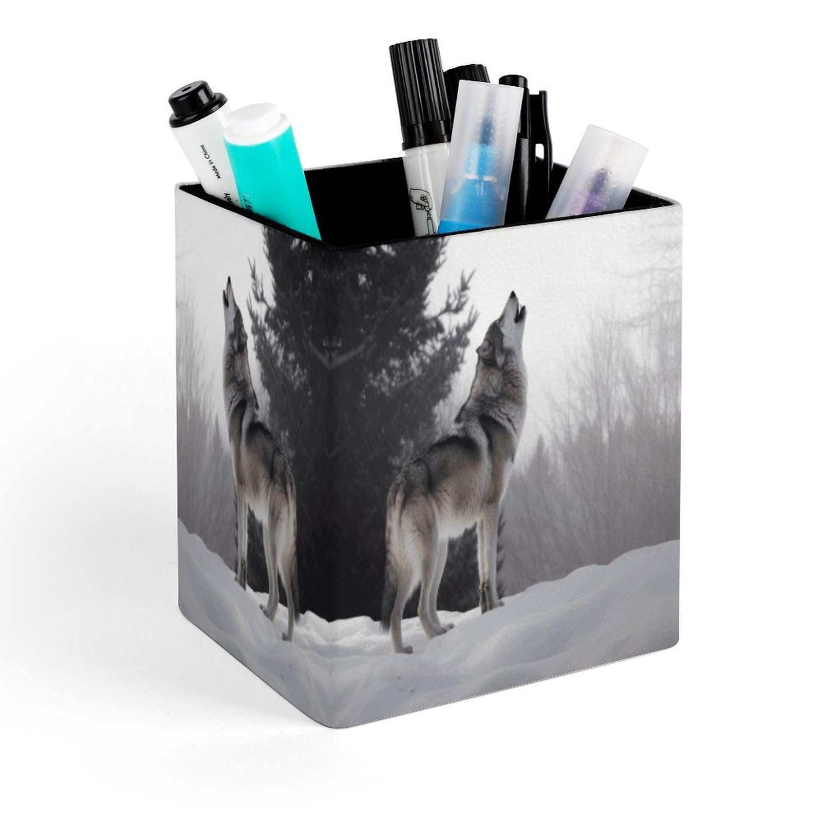 VstaDank Howling Wolf Pen Holder Square Pencil Holder Leather Pencil Cup Pen Organizer Makeup Brush Holders Pen Cups Desktop Stationery Organizer for Home Office Desk Organizers