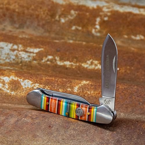 Miniatura 5 de WHISKEY BENT HAT CO. Navaja plegable tradicional de canoa de 3.63 pulgadas, longitud cerrada, cuchillas de acero inoxidable 440C (Serape Sunrise)