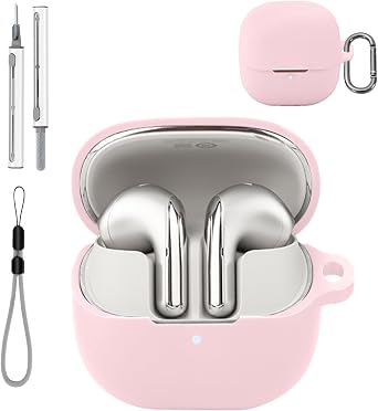 for Xiaomi Buds 5 Case Cover with Cleaner Kit, Soft Skin Silicone Case Cover with Keychain and Lanyard,Full Protective Case for Men and Women-Pink