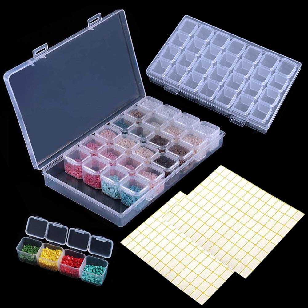 2 Pack Diamond Storage Box 56 Grids Diamonds Painting Embroidery Boxes Beads Organizer Case with 224Pcs Label Stickers