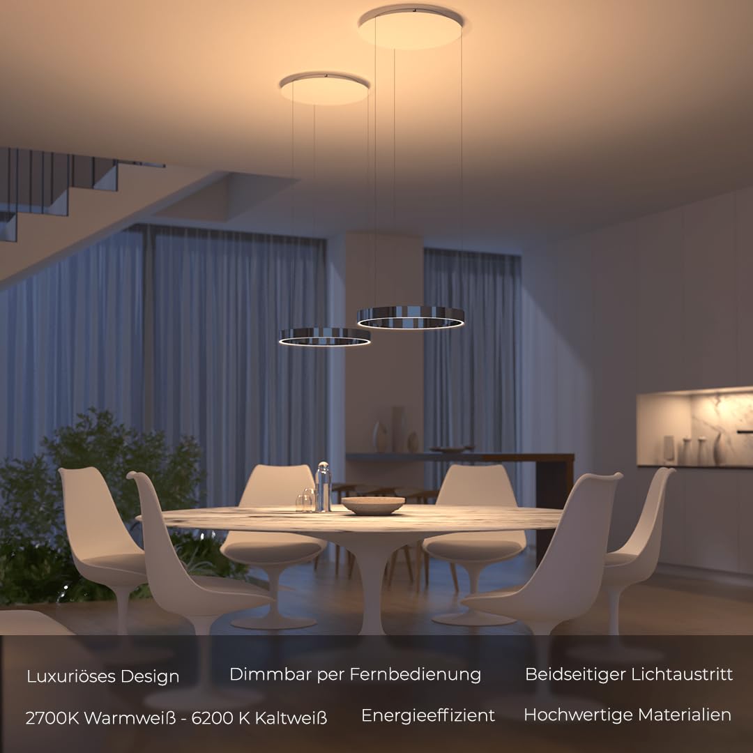 NEONA SOL LED Pendelleuchte Schwarz Metall Ringdesign Dimmbar, Hängelampe mit Fernbedienung warmweiß bis kaltweiß Up Down Höhenverstellbar (Schwarz Chrom)