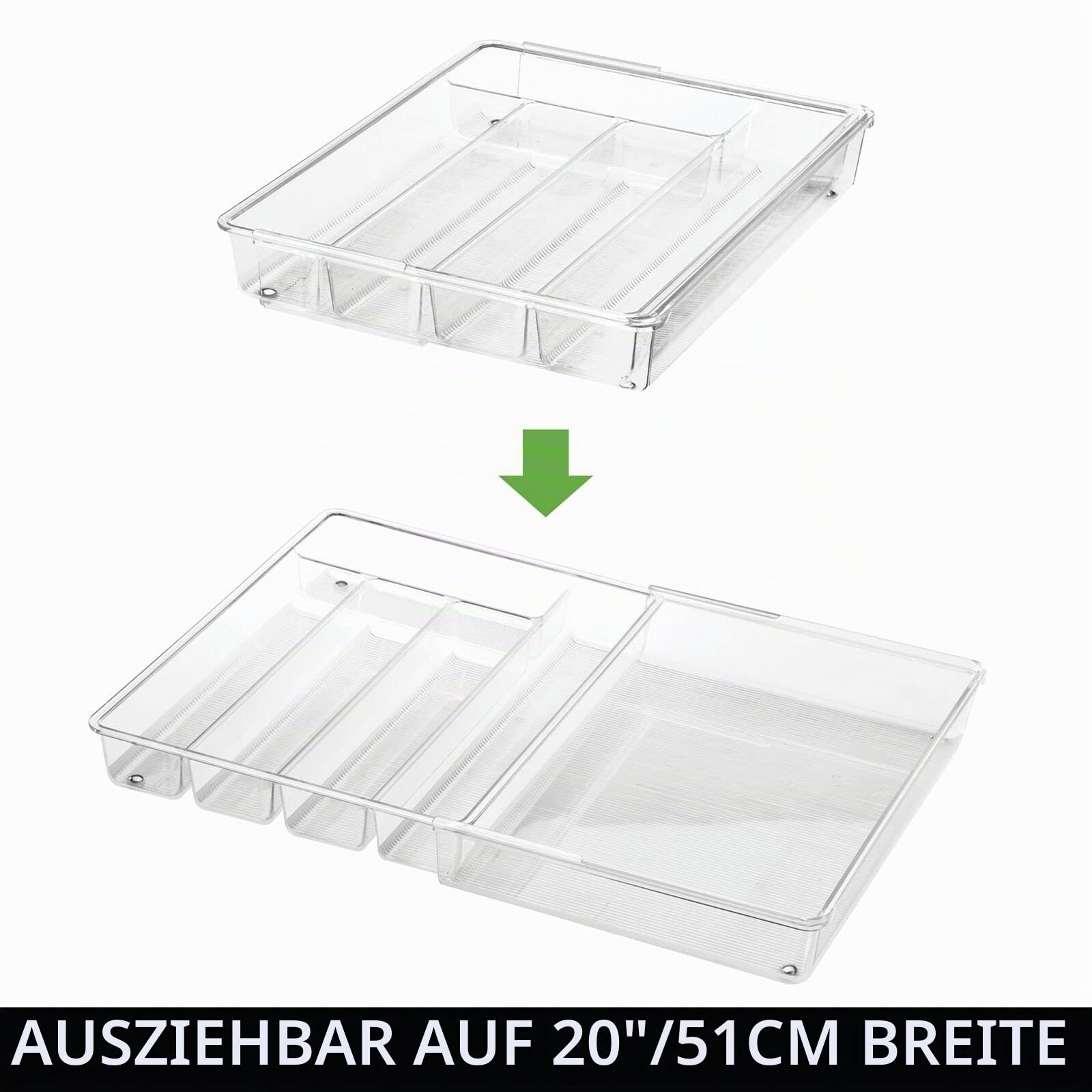 mDesign ausziehbarer Besteckkasten für Schublade und Küchenschrank – Küchen Organizer mit sechs Fächern aus BPA-freiem Kunststoff – Schubladeneinsatz für Küche, Bad und Büro – 2er-Set – durchsichtig