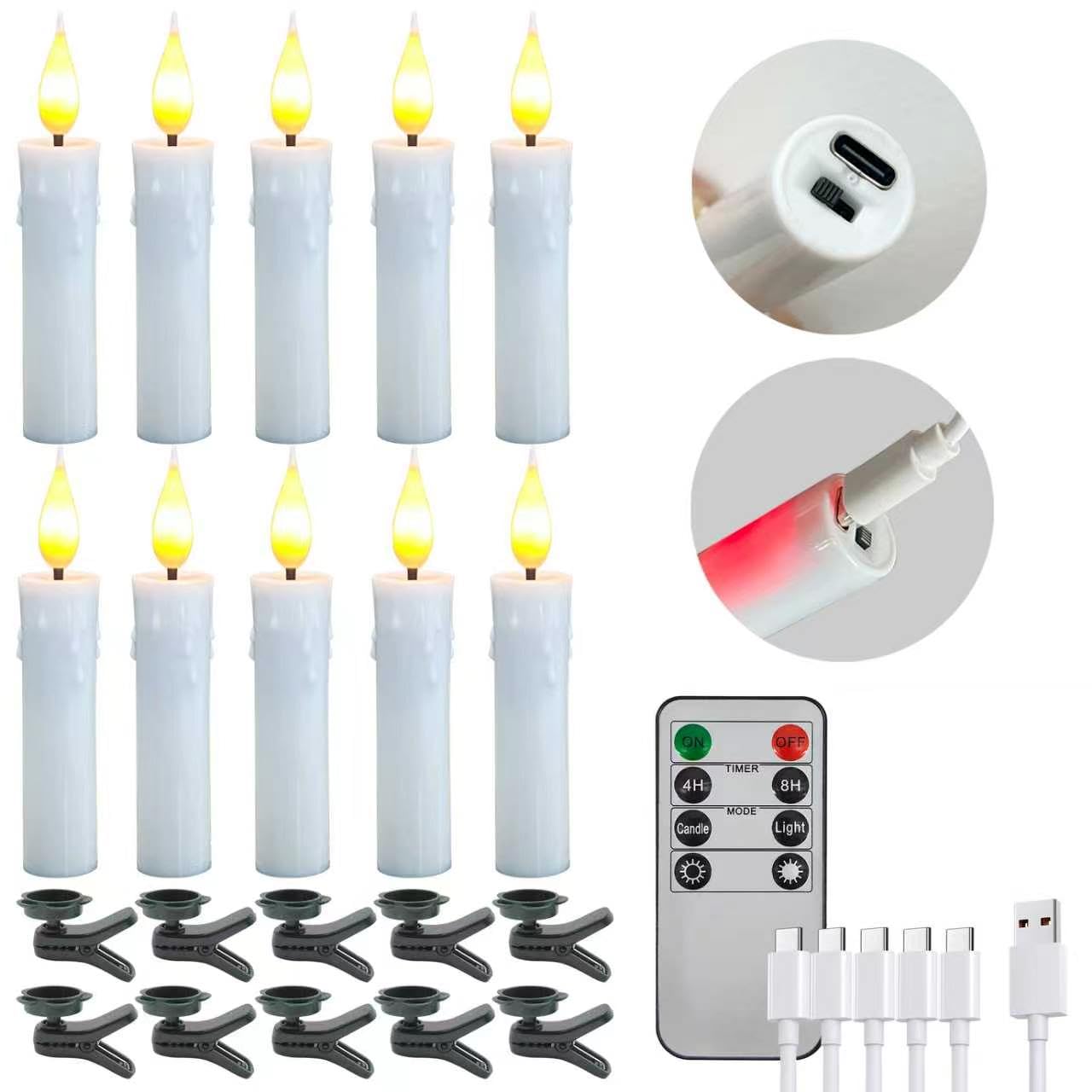 10 candele a LED ricaricabili senza fiamma con stoppino bianco 3D, con clip rimovibili, telecomando a 8 tasti con timer, luce bianca calda per decorazioni natalizie