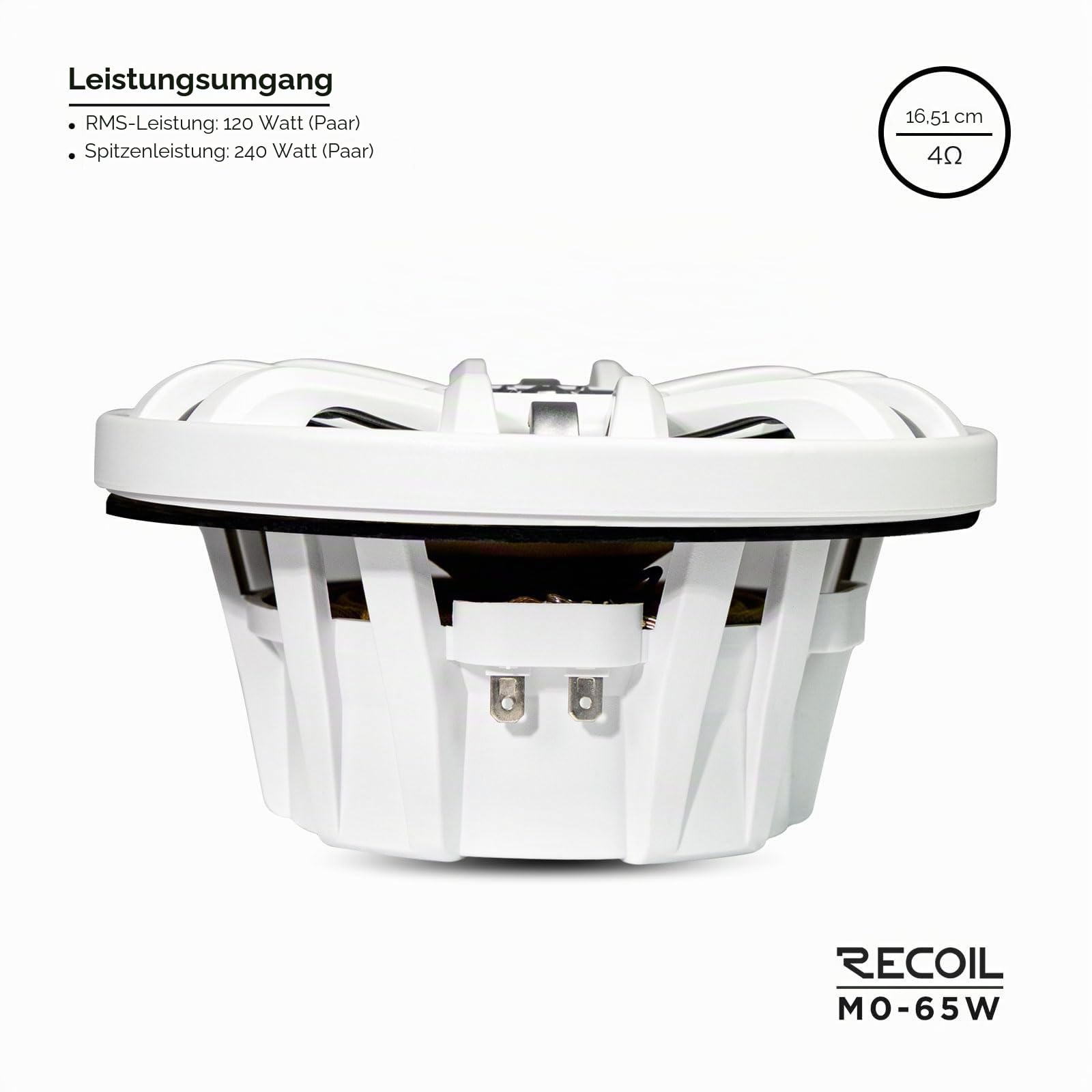 RECOIL M0-65W 177mm（6,5 Zoll） 2 Wege Marine Lautsprecher Paar 240 Watt 4 Ohm mit weissen Grills Fuer Boote UTV ATV