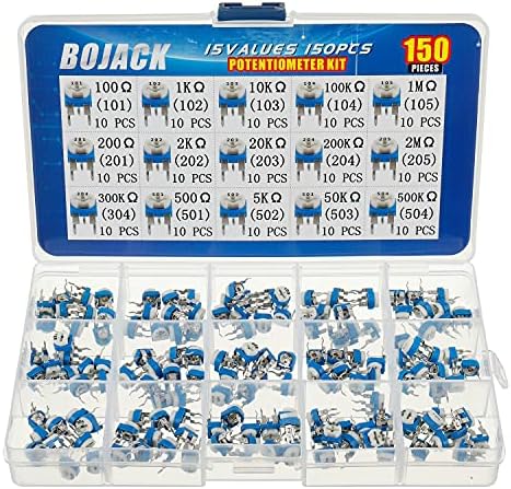 BOJACK 15 Values 150 pcs 100 Ohm- 2M Ohm Variable Resistor 6mm Potentiometer Assortment Kit packag in a Clear Plastic Box