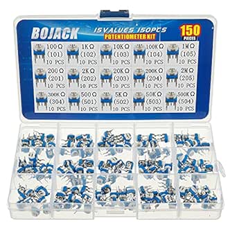 BOJACK 15 Values 150 pcs 100 Ohm- 2M Ohm Variable Resistor 6mm Potentiometer Assortment Kit packag in a Clear Plastic Box