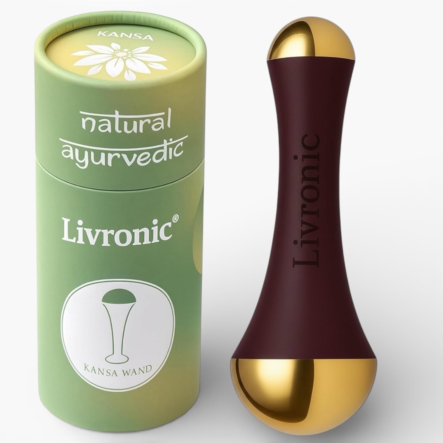Livronic® Ayurvedic Kansa Wand Face Massager, 2-in-1 Acupoint Detox Tool, Teak Wood Handle, Natural Color, Professional Grade, Waterproof, for Facial Marma Point Therapy