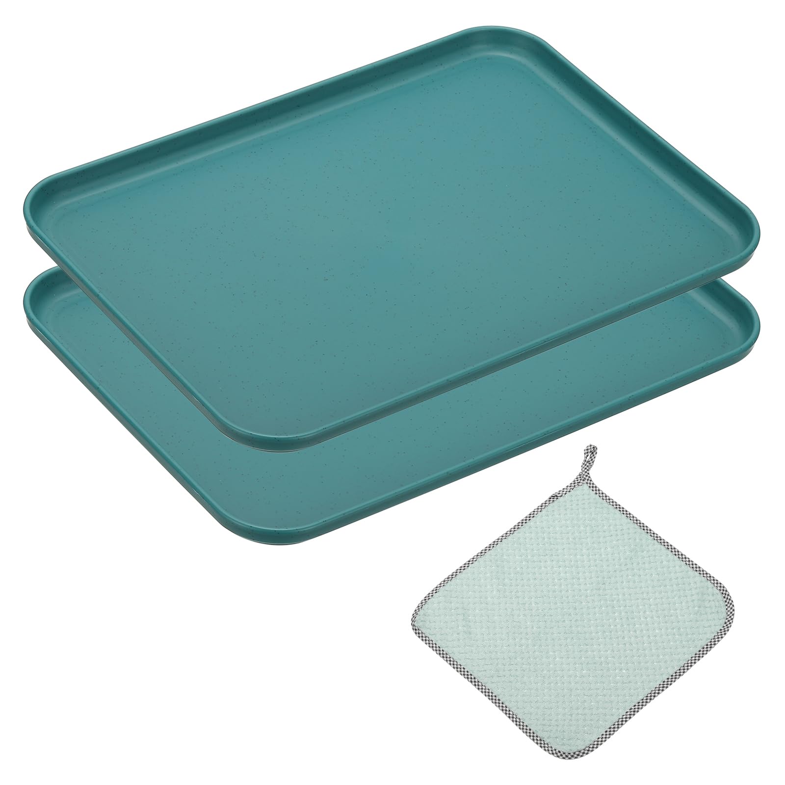 PATIKIL 15x11 Inch Fast Food Serving Trays, 2pcs Reusable Restaurant Serving Trays Cleaning Clothes Included PP Multi-Purpose Rectangle Small Size Tray, Dark Green