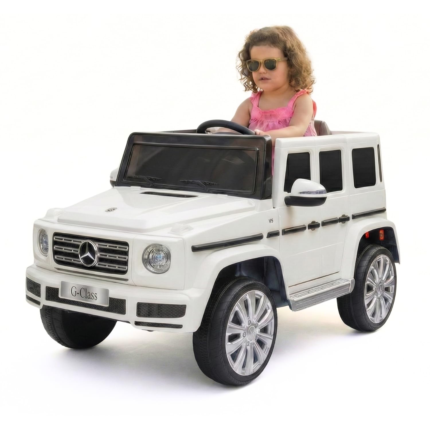 RIRICAR Samochód elektryczny Mercedes G500 12V, biały, pilot 2,4 GHz, wejście USB/SD, tylne zawieszenie, bateria litowa, oświetlenie LED, oryginalna licencja