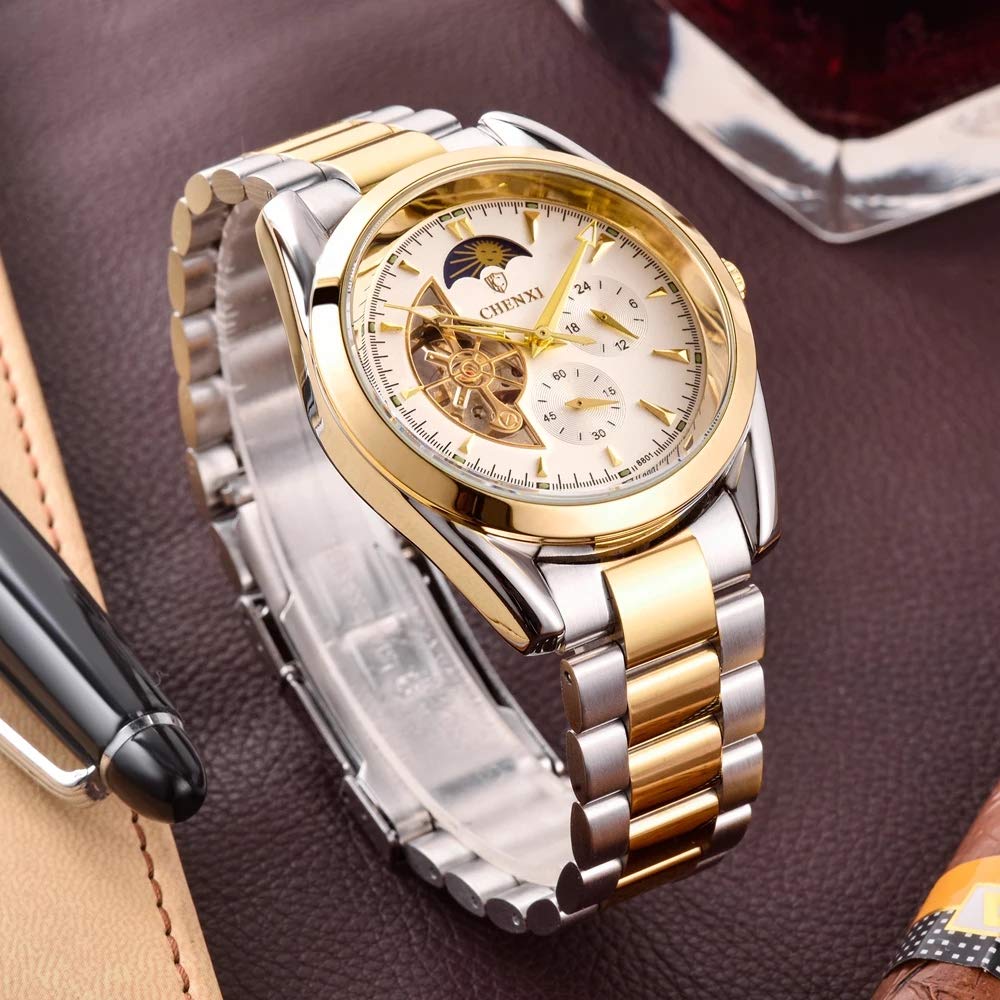 MASTOP Herren-Armbanduhr, automatisch, mechanisch, Edelstahl, Tourbillon, Mondphase, wasserdicht, klassisch, analog