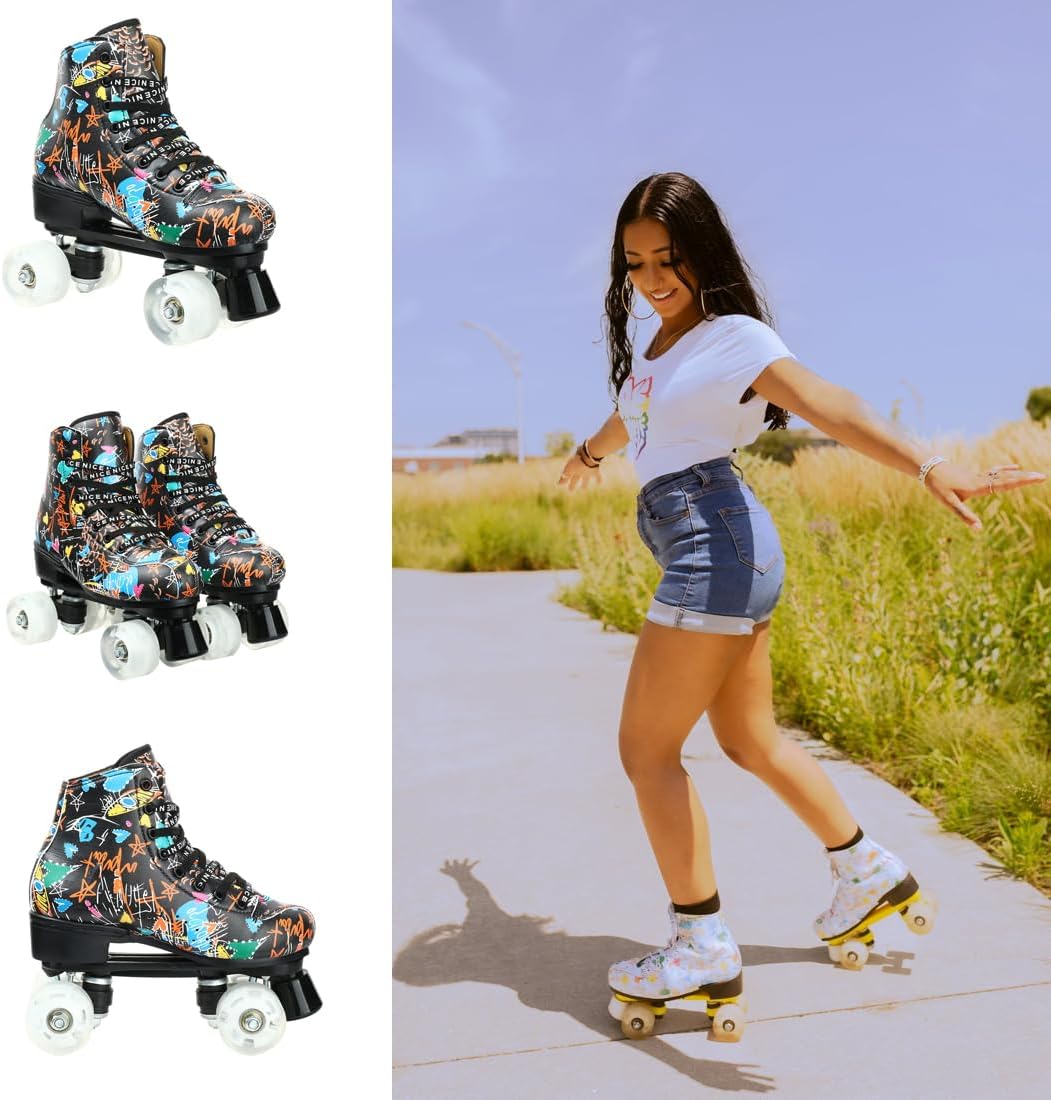 Silvertree Roller Skates for Women and Men PU Leather High-top Adult Roller Derby Skate Wheels Light Up Roller Skate Four-Wheel Shiny Roller Skates Unisex