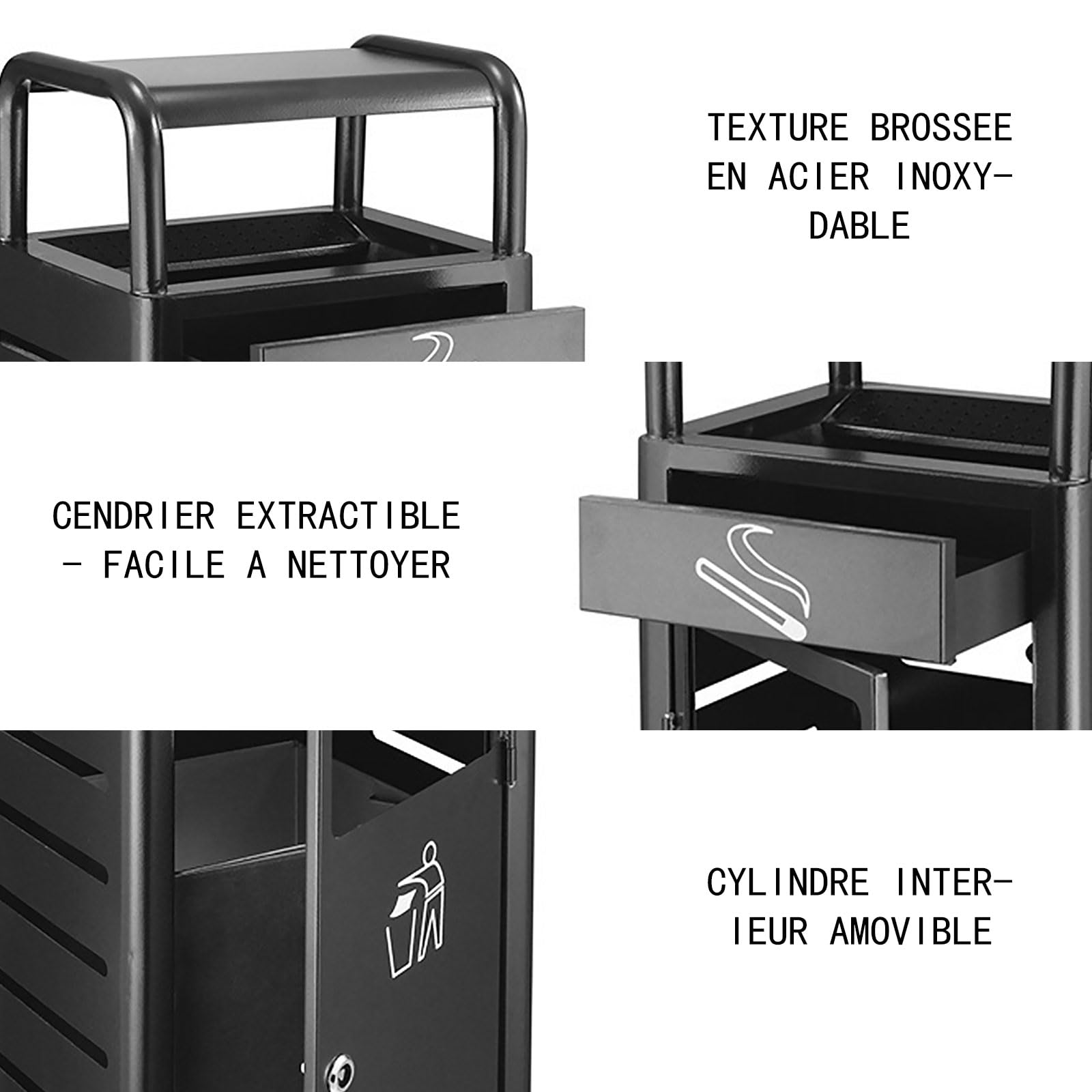 Poubelle extérieure verticale avec placement indépendant des cendres pour parc et centre commercial