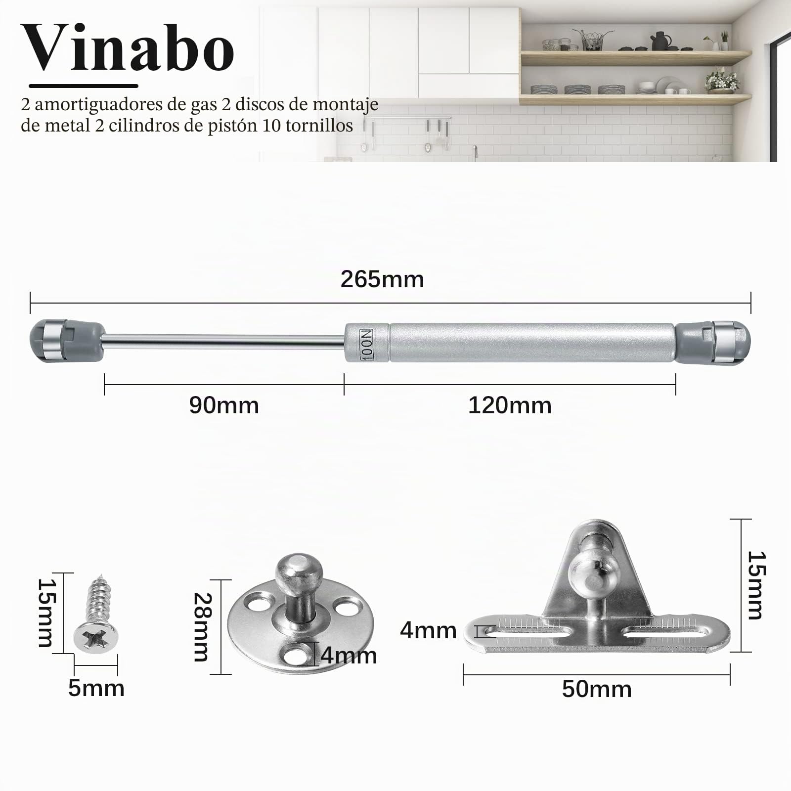 Vinabo 2PCS Amortiguadores de Gas 100N, Resorte de Compresión para Puertas Armario, Bisagra Armario con Tornillos, Pistones a Gas Muebles Cocina Amortiguadores Muebles Bisagras Puertas Cocina