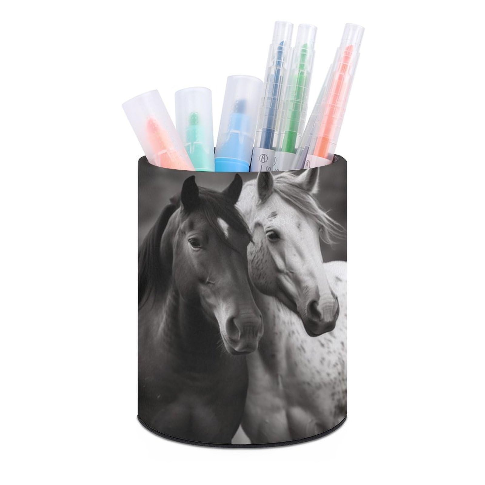 JTREHY Round Pen Holder,Black And White Horses Printed Makeup Brush Storage Box Desktop Stationery Storage Cup Office Accessories Storage Box Pencil Storage Box for Home Office Dressing Table