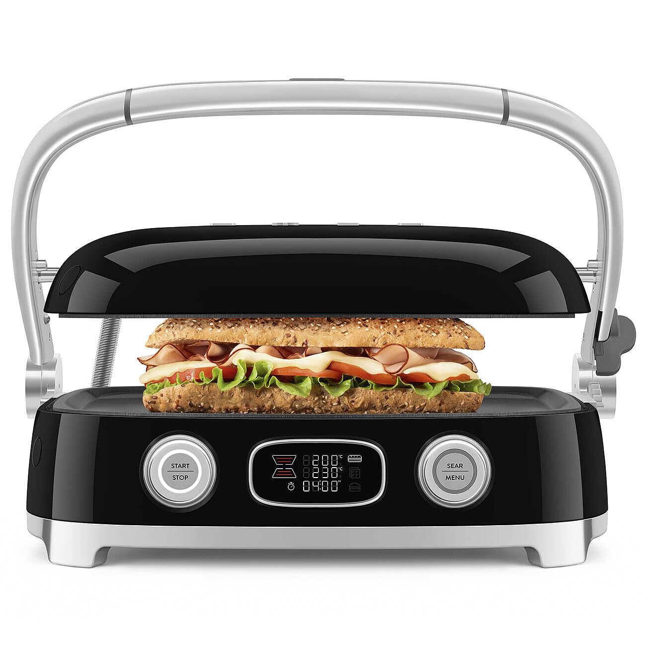 Smeg, MGF01BLEU, Grill Elettrico Multifunzione 3 in 1, Nero | Funzione SEAR, 3 Modalità di Cottura, Preset Panini, Waffle e Burger, 4 Piastre Incluse