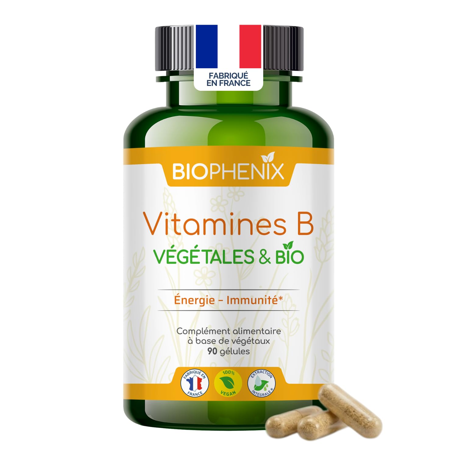 Biophénix - Vitamines B Bio 90 Gélules - 100% Naturel à Base de Végétaux - Énergie, Vitalité & Système Nerveux - Vitamines B1, B2, B3, B5, B6, B8, B9 et B12 - Fabriqué en France - Vegan