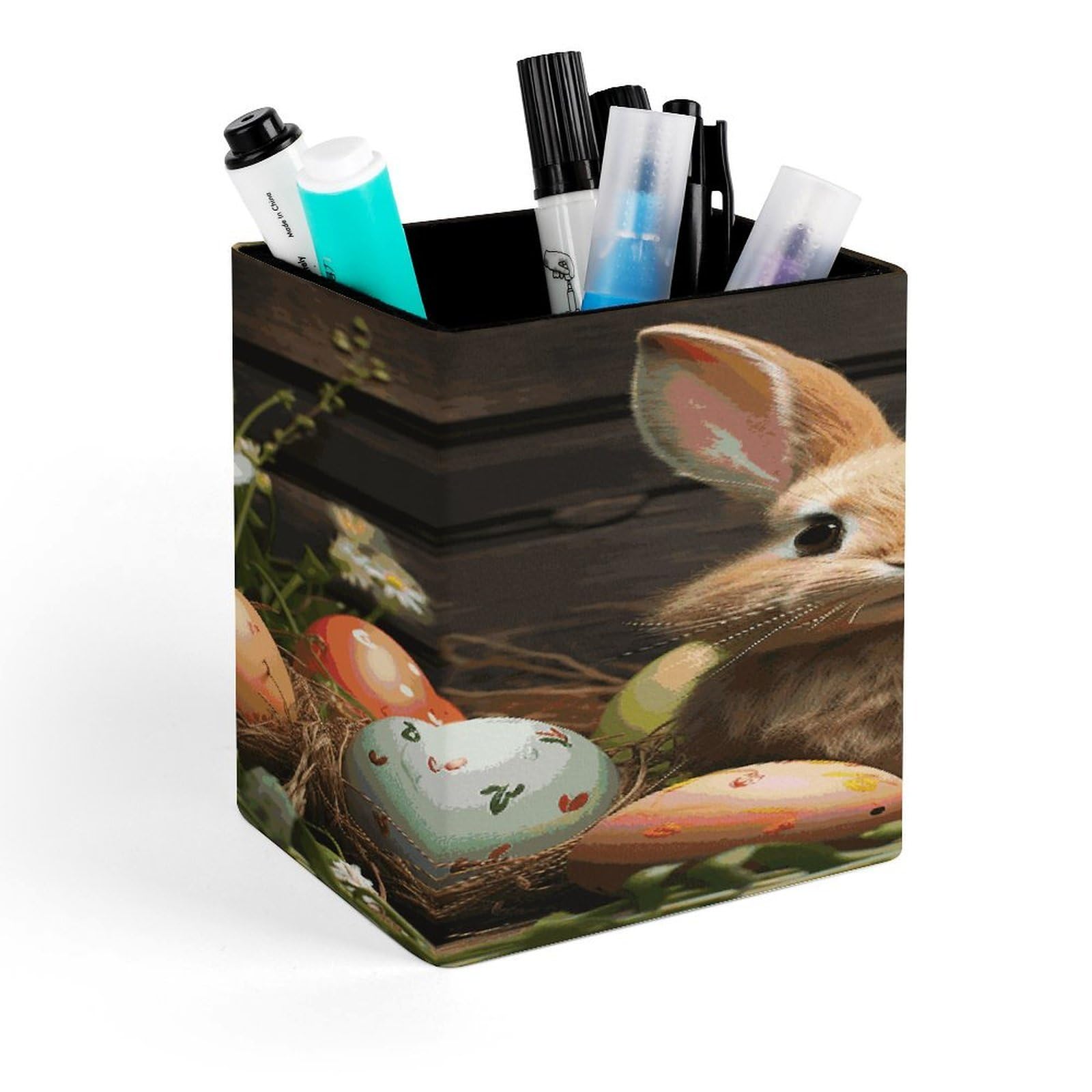 FekiLoot Square Easter Egg Bunny Pen Holder PU Leather Pencil Cup Desk Organizer Cute Makeup Brush Storage Organizer Modern Design Office Accessories Container Box 4.3x 3.5x 3.1 in