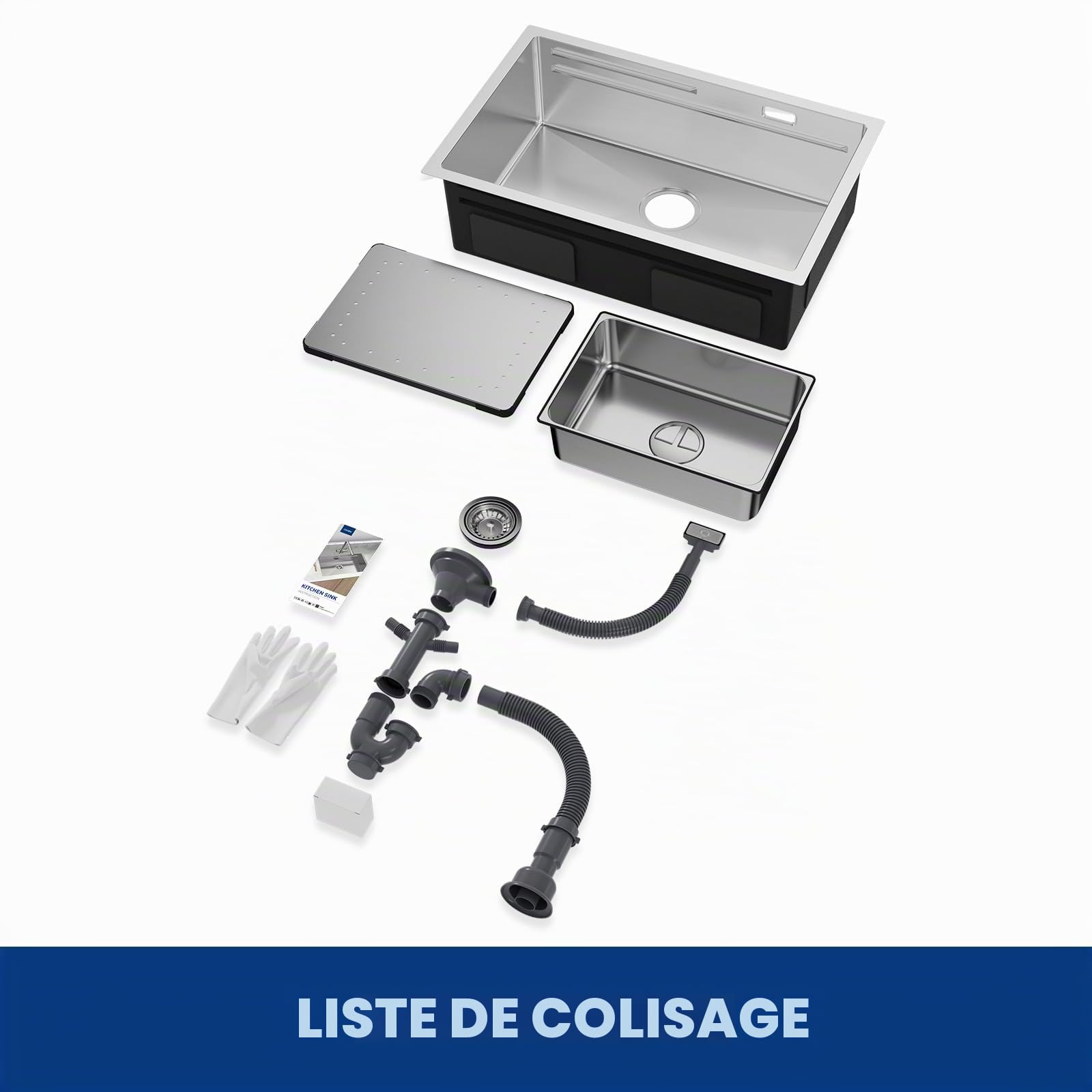 CECIPA Évier de cuisine en acier inoxydable 70 x 44 cm avec planche à découper, évier intérieur de rechange, siphon avec garniture de trop-plein, lavabo de cuisine, encastrable sans trou de robinet