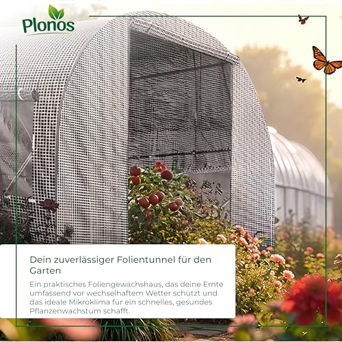 Plonos Garten-Gewächshaus Tunnel 2 × 3 m - 6 m² Folientunnel mit Stahlrahmen | PE-Folie 140 g/m² UV-beständig | 8 Fenster mit Moskitonetz | Pflanzenschutz | Weiß