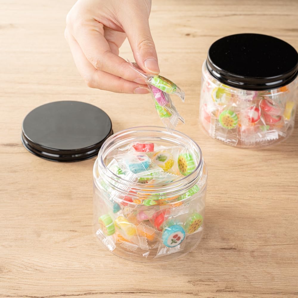 RW Base 16 Ounce Candy Jars, 10 Durable Kitchen Storage Containers - Round, Airtight Seal, Clear Plastic Snack Jars With Black Aluminum Lids, For Table Display, Or Candy Buffet - Restaurantware