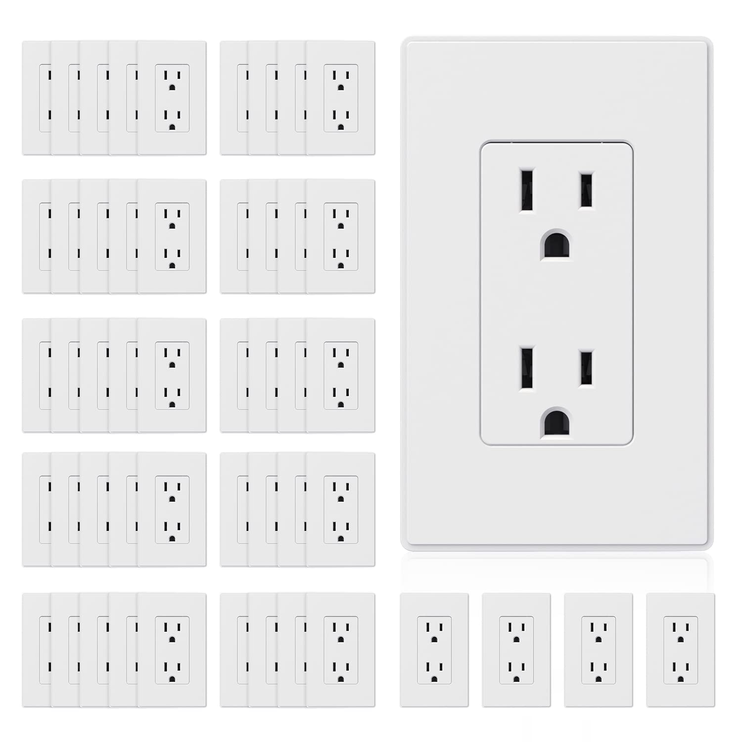 ELEGRP Matte White Standard Decorator Electrical Wall Receptacle Outlet, 15A 125V, 2 Pole 3 Wire, Non- Tamper Resistant, NEMA 5-15R, Self-Grounding, Wall Plate Included, UL Listed, 50 Pack