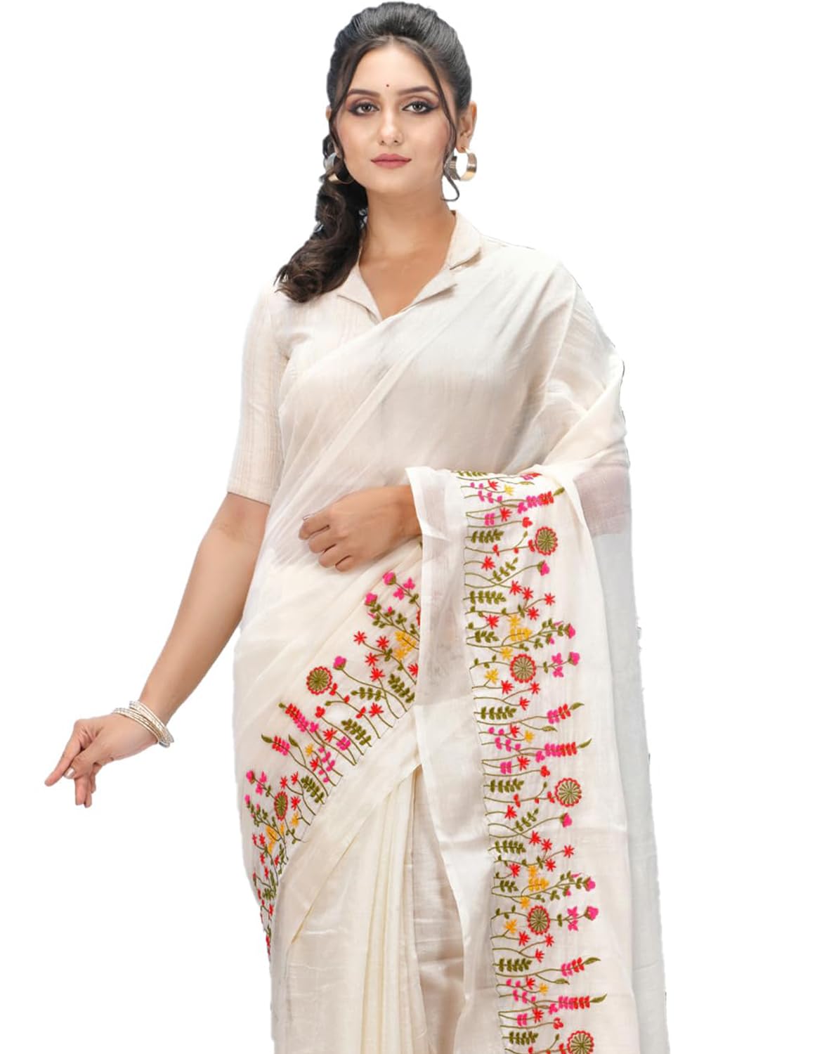 Women Handloom Soft Cotton Silk Saree Embroidery Silk Cotton Sarees Fancy Plain Saree with Border Flower Garden Design Saree with Blouse Piece (white saree)-image-8