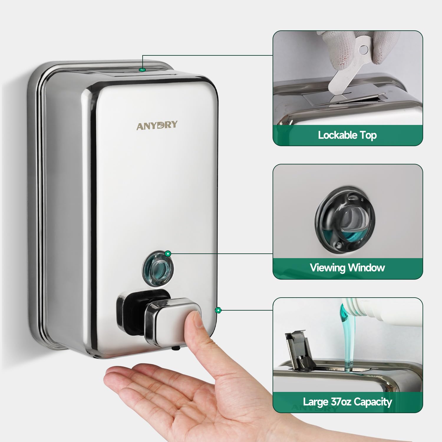 anydry Dispenser di sapone manuale in acciaio inox, grande, 1100 ml, montaggio a parete, con finitura lucida, modello 1010