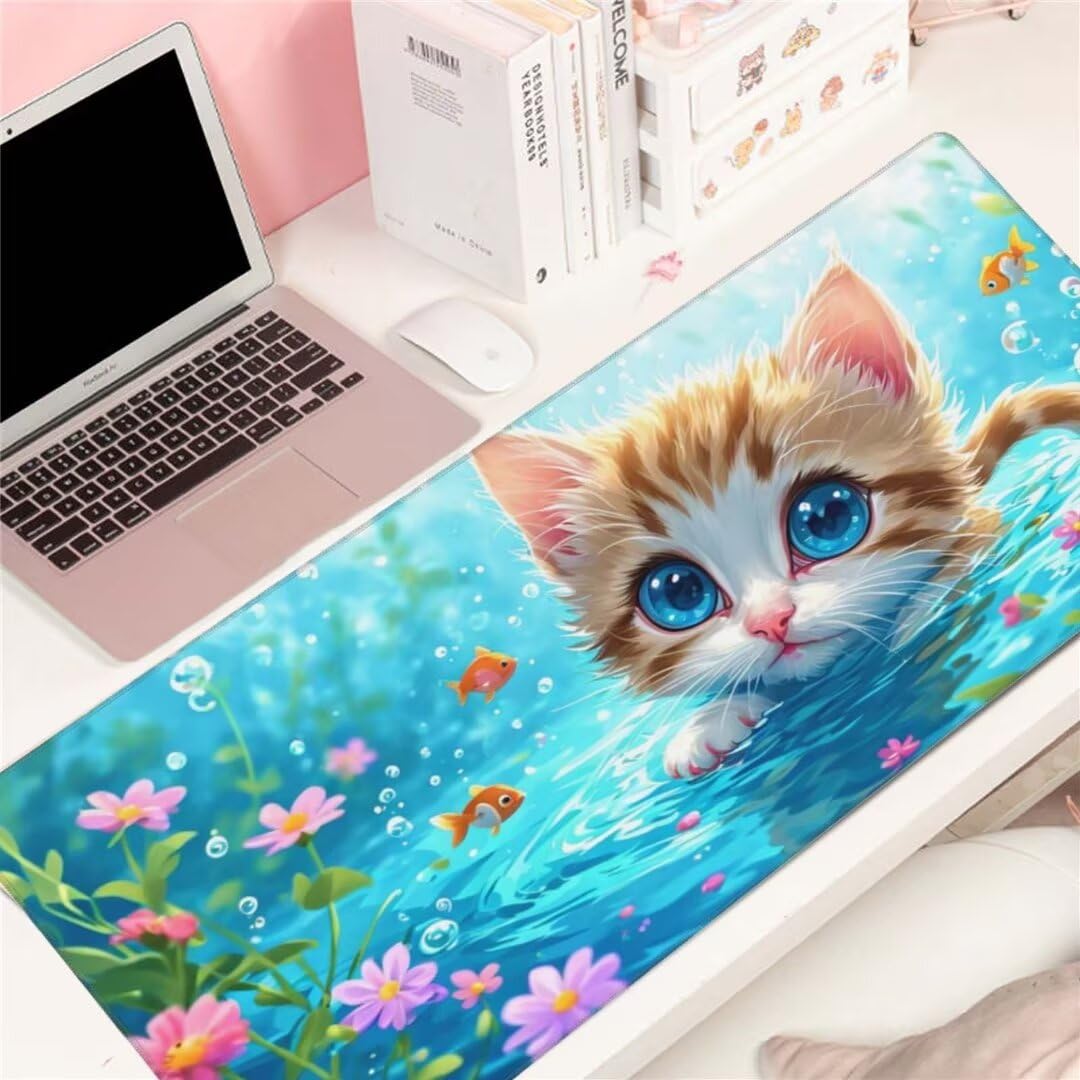 Alfombrilla de ratón 1400x600x3 MM, Alfombrilla Ratón XXL Extendida de Gran Tamaño con Bordes Cosidos, Resiste Salpicaduras, Base de Goma Antideslizante y Almohadilla para Teclado, Lago gato S-8801