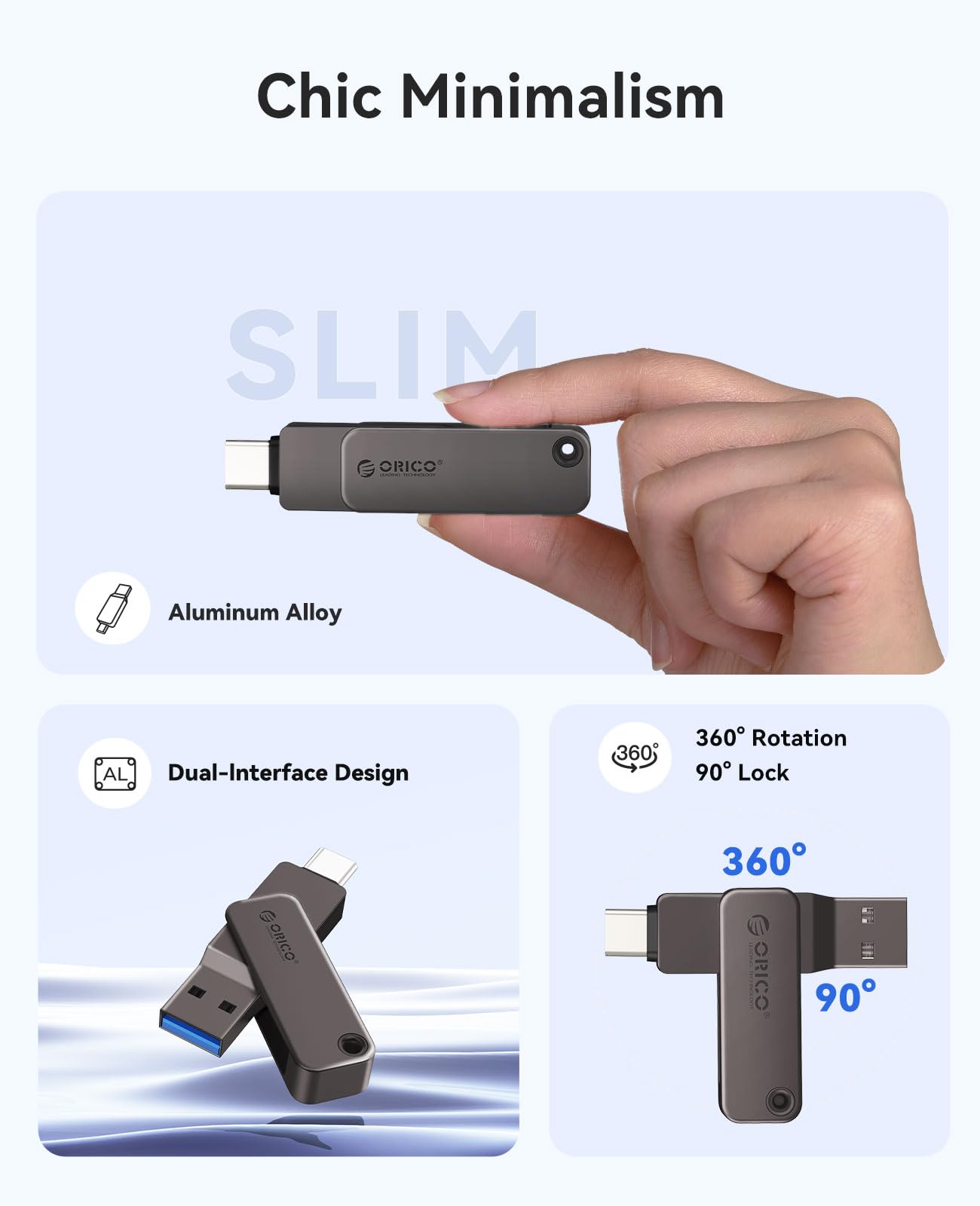 ORICO Pamięć USB 256 GB, mini pamięć USB 3.2 Gen 1 (podwójny USB-C/USB-A), przenośny napęd na pióra, odczyt 150 MB/s, kompatybilny z iPhone 15/16/17, Android, tabletem, laptopem- szary-EB05