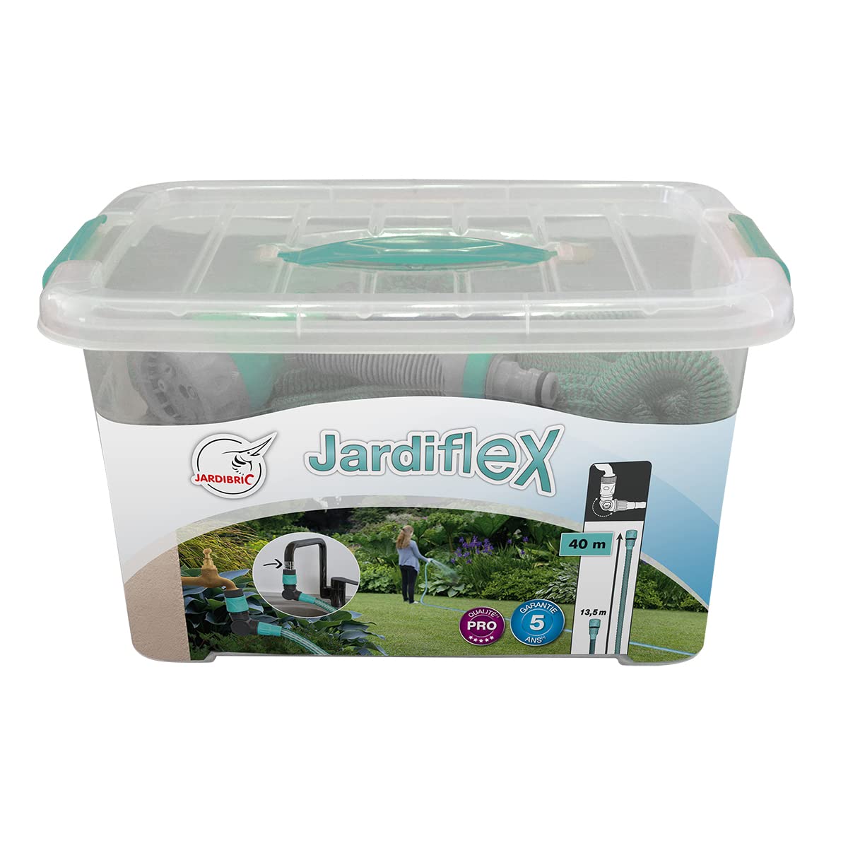 Jardibric – Juego de mangueras extensibles y retráctiles – Uso intensivo – Longitud de 13,5 a 40 m – Conveniente para el riego y el riego, conexión articulada de 180 ° – Caja de almacenamiento de
