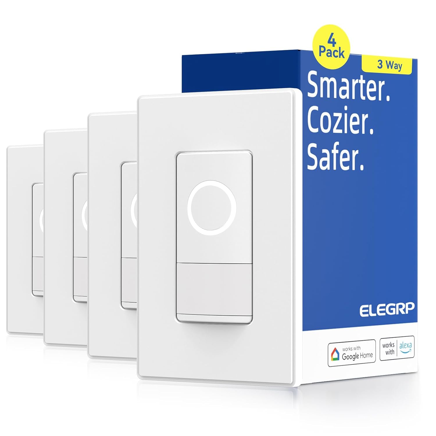 ELEGRP Smart Motion Sensor Switch, 2.4GHz Wi-Fi 3 Way Light Switch Compatible with Alexa & Google Assistant, APP Remote Control, Neutral Wire Required, UL Certified, No Hub Required (White, 4 Pack) ELEGRP Smart Motion Sensor Switch, 2.4GHz Wi-Fi 3 Way Light Switch Compatible with Alexa & Google Assistant, APP Remote Control, Neutral Wire Required, UL Certified, No Hub Required (White, 4 Pack)