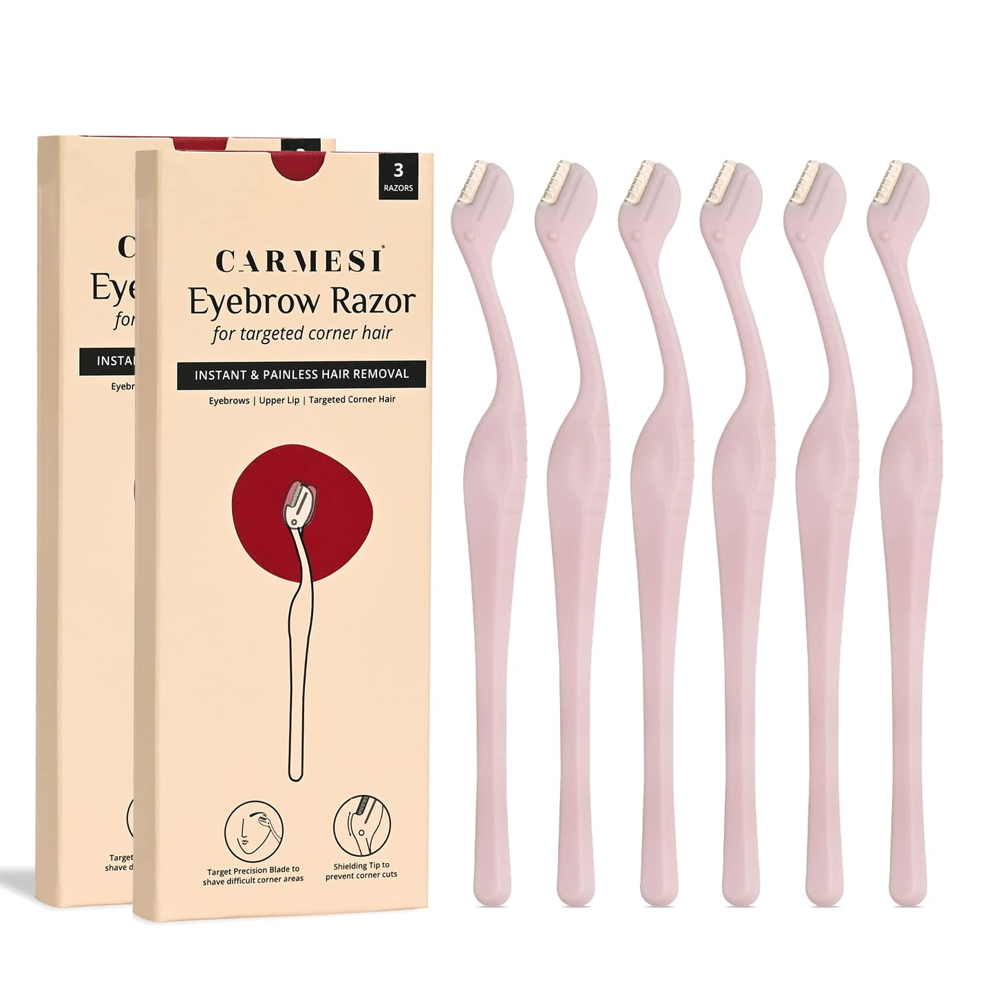 Carmesi Eyebrow Razor for Women | Facial Hair Removal for Eyebrows, Upper Lip & Corners | Painless Shave with Precision Blade & Safety Shield | 3 Count (Pack of 2)