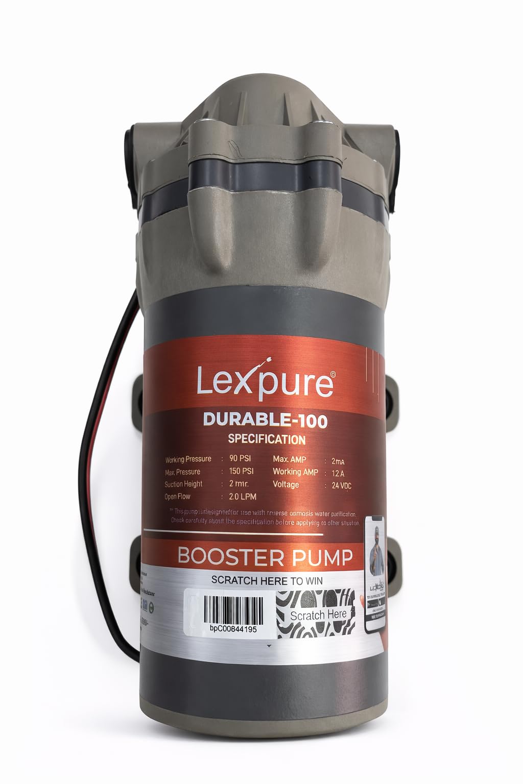 Lexxpure Durable-100 Booster Pump for RO Water Purification, 100 GPD, 24 VDC, 2.0 LPM Open Flow, 90 PSI Working Pressure-image-0