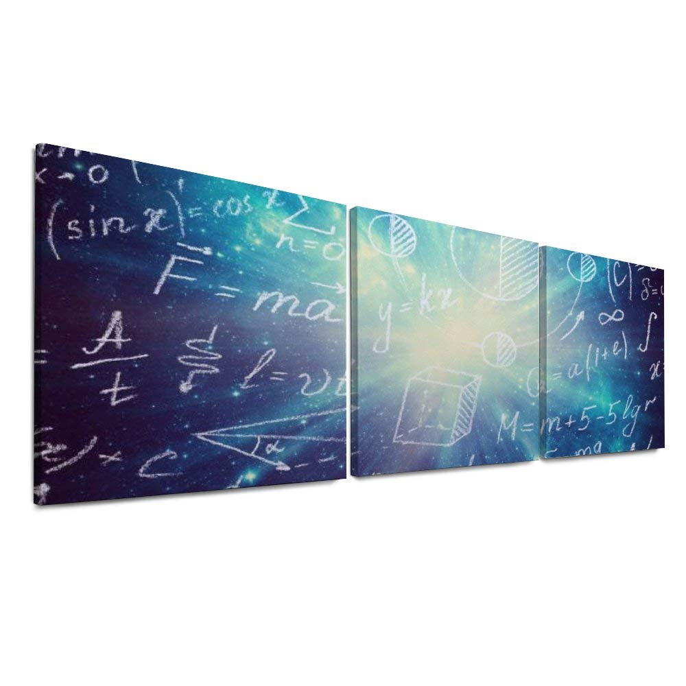YATELI Wall Decor for Living Room Modern Bathroom Stretched and Framed Giclee kit Mysterious Science Space Math Physics Formulas Symbol Canvas Prints 3 Panels