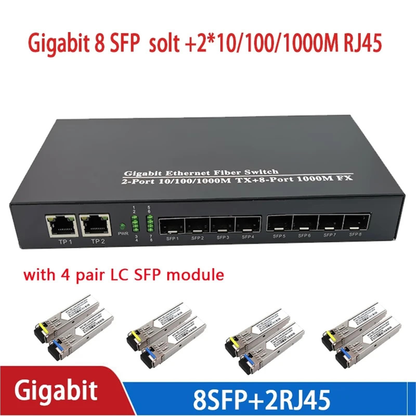 Konwerter mediów 8 sfp 2rj45 konwerter mediów, przełącznik światłowodowy Gigabit do kamery IP, światłowód UTP(z sfp 4A4B LC)