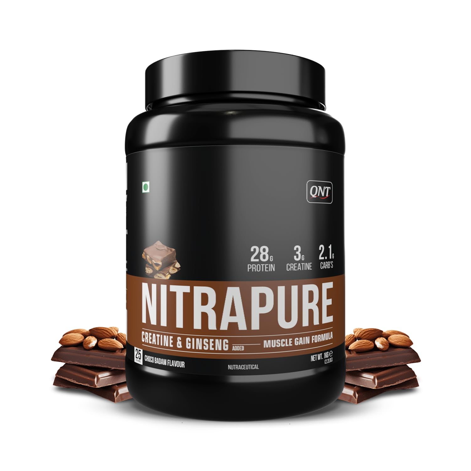 Nitrapure, Blend of Whey Isolate & Concentrate | 1kg, Choco Badam | Enriched with Ashwagandha, Ginseng & Tribulus | Best Whey Protein for Muscle Gain | 28g Protein, 3g Creatine (per scoop)
