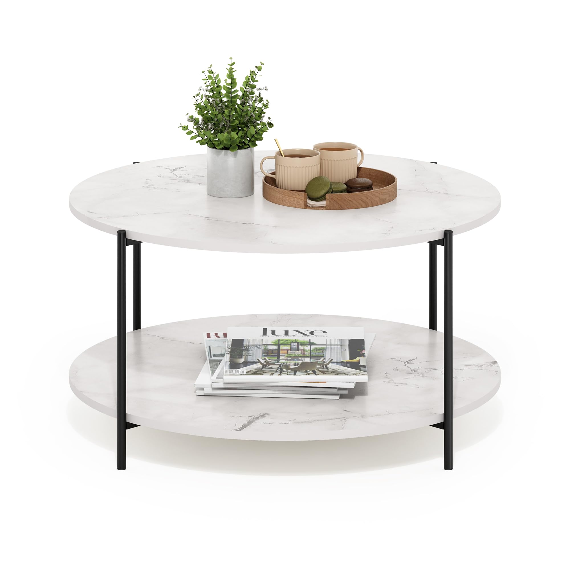 Furinno BESI Coffee Table, 2-Tier Round Coffee Table with Storage, Shelf and Metal Legs, for Living Room, Light Marble