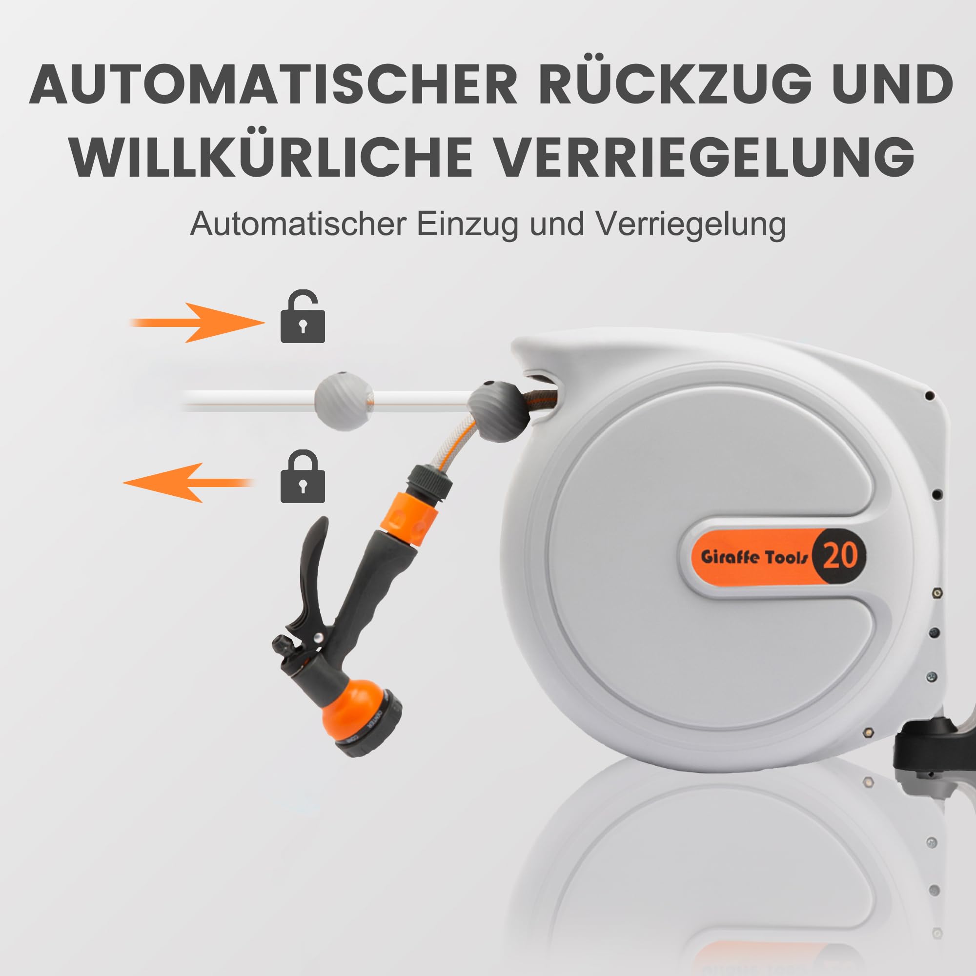 Giraffe Tools Automatische Gartenschlauchtrommel 20m + 2m, Wandschlauchbox 180° Schwenkbar mit 7 - Muster Multibrause und weißem Anschlussschlauch