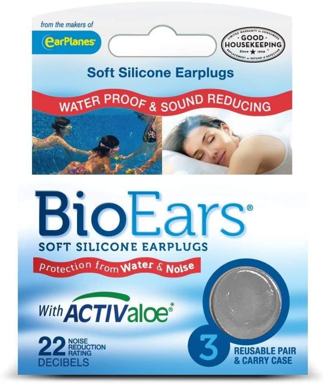 James BioEars 3 Pair Soft Silicone Ear Plugs for sleep study Loud noise Meditation Sound Reducing swim water proof Ear Plugs Carry Case with Active Aloe (White)