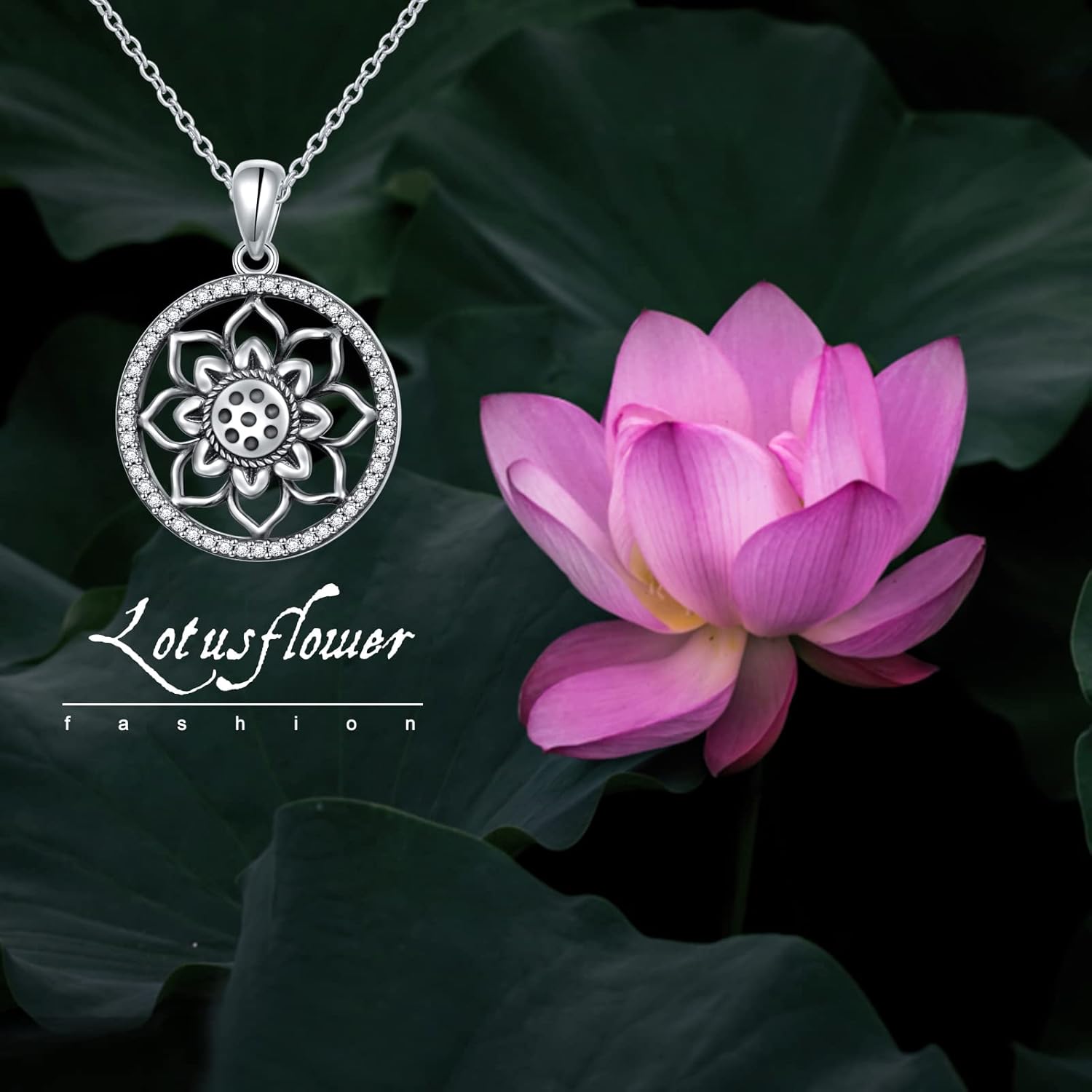 Ladytree Spinner Anxiety Lotus Necklace Sterling Silver Yoga Lotus Necklace Oxidized Rotatable Flower Stress Relieving Boredom ADHD Autism Fidget Birthday Jewelry for Women