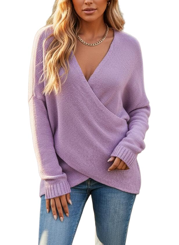 Womens Elegant Cross Wrap V Neck Long Sleeve Sweaters Sexy Dressy Casual Ribbed Knit Plain Pullover Top for